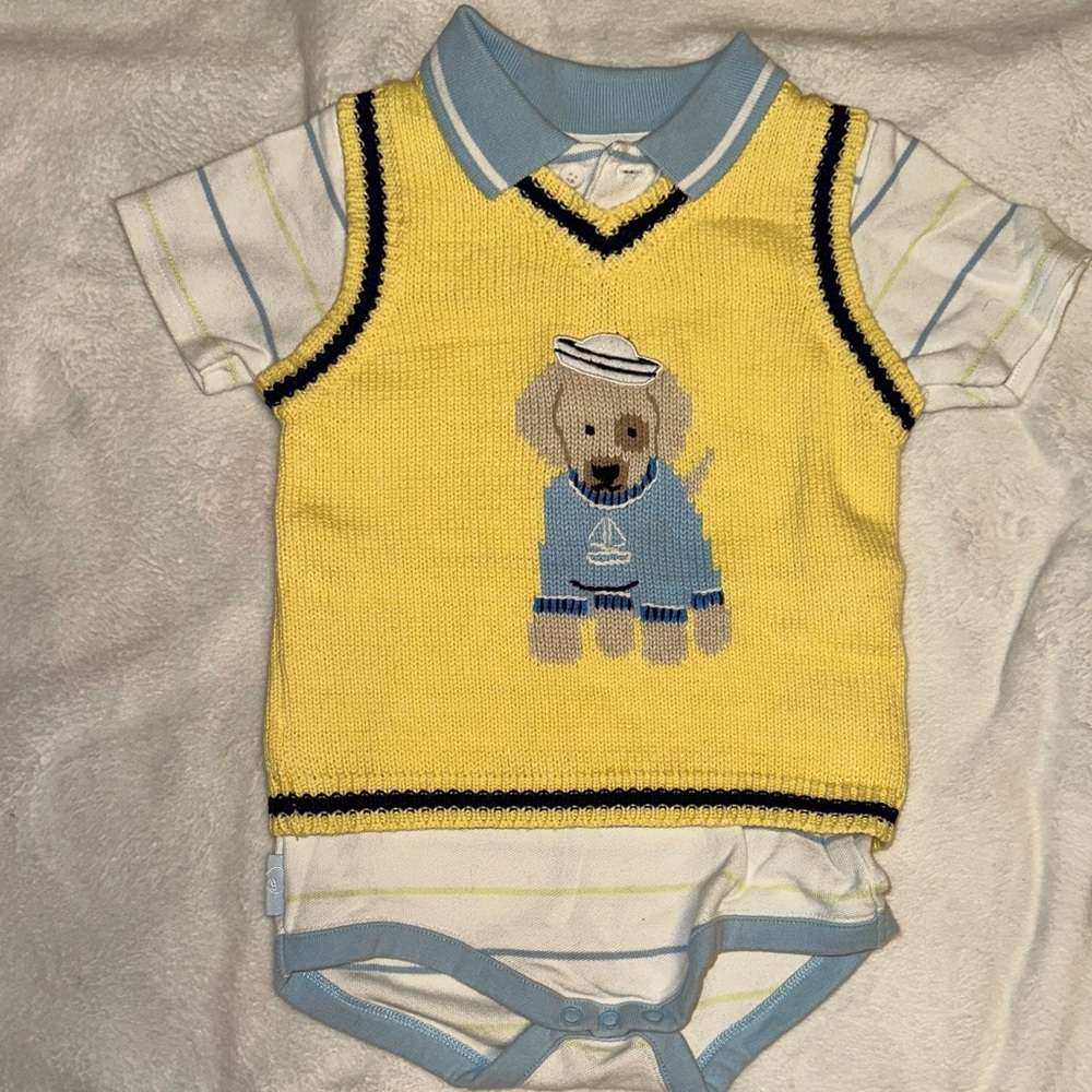GYMBOREE POLO BODYSUIT & FIRST IMPRESSIONS SAILOR DOG VEST 12-18 MONTHS EUC